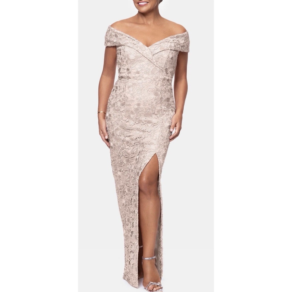 Xscape Evenings Floral Embroidery Off the Shoulder Sheath Gown Blush Size 10